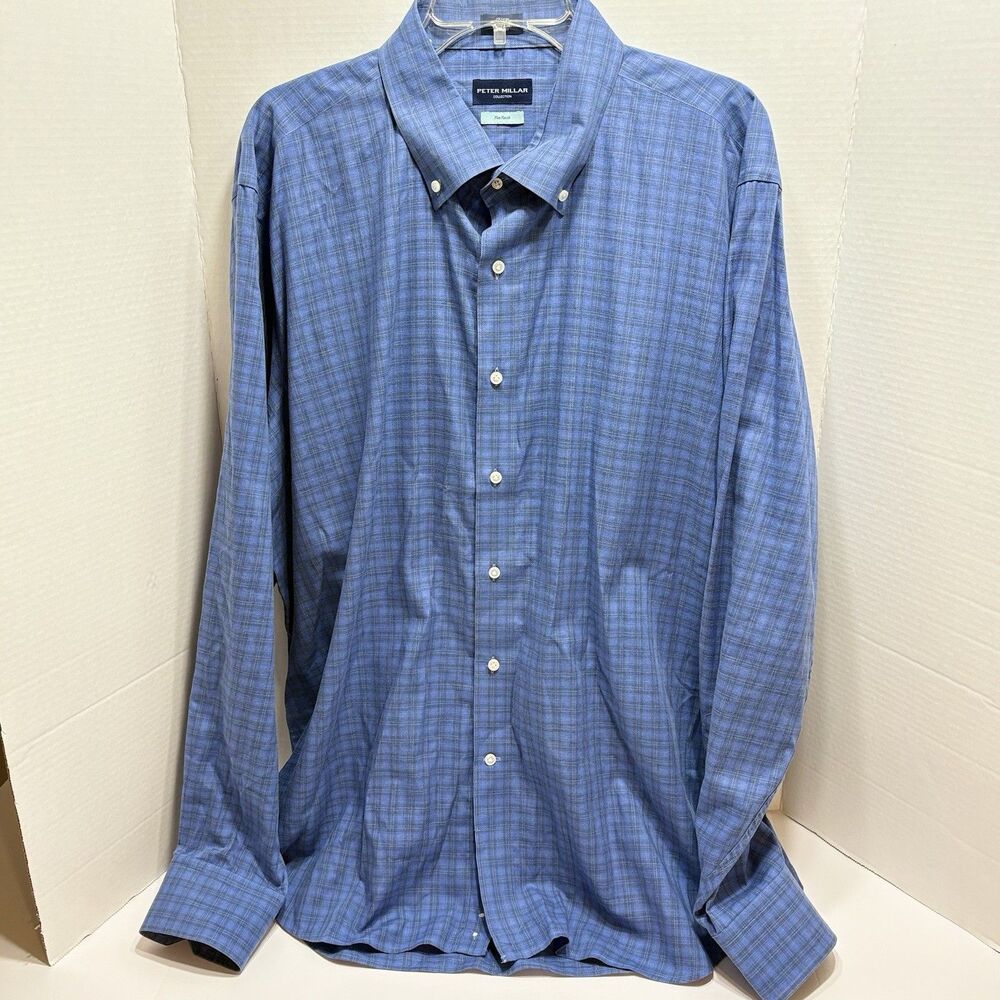 Peter Millar Collection Blue Plaid L/S Button Down Casual Shirt  2XL Flex Finish